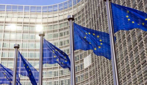 Flags in front of the EU Commission building in Brussels 