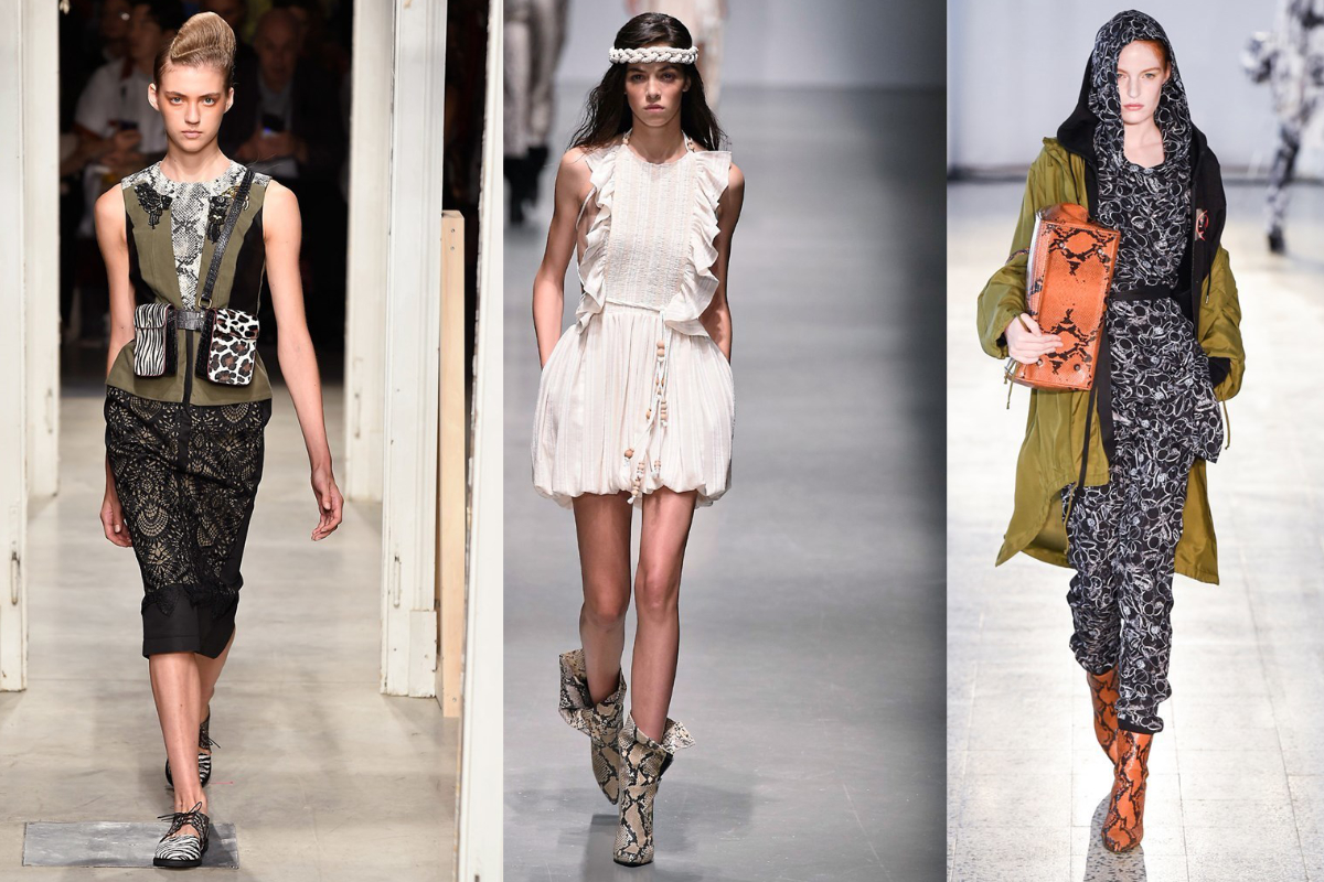 Animal-Prints sind vor allem bei Boots und Schnürern ein Thema. Snake-Motive dominieren (v.l.n.r.): Antonio Marras, Philosophy Di Lorenzo, A.F. Vandevorst (Fotos: © IMAXtree.com)