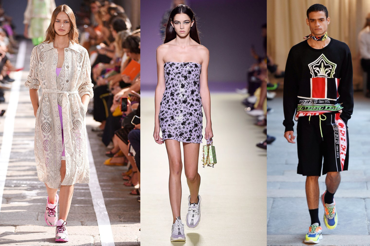 Dad-Sneaker mit knalligen Farbakzenten auf der Mailand Fashion Week (v.l.n.r.): Blumarine, Versace, Iceberg (Fotos: © IMAXtree.com)