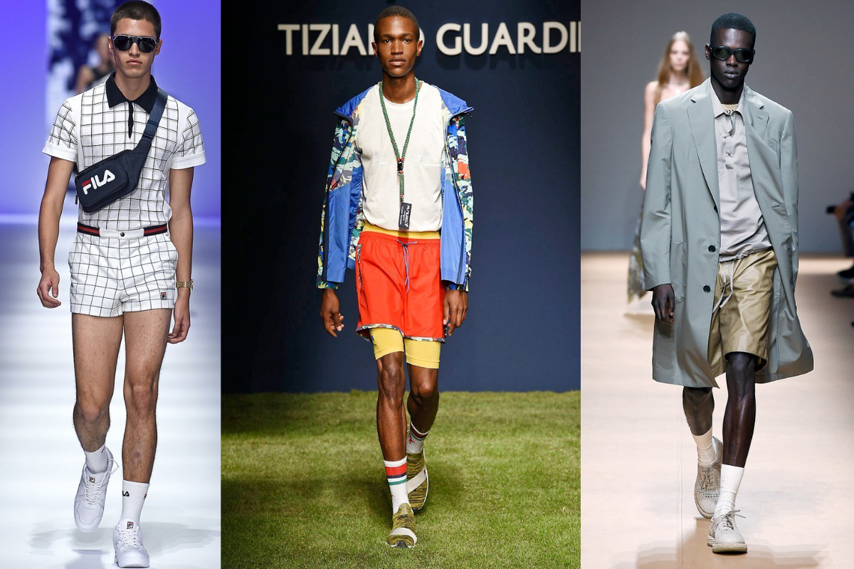 Weiße Tennissocken im Retro-Stil sind vor allem für Herren ein wichtiges Thema (v.l.n.r.): Fila, Tiziano Guardini, Salvatore Ferragamo (Fotos: © IMAXtree.com)