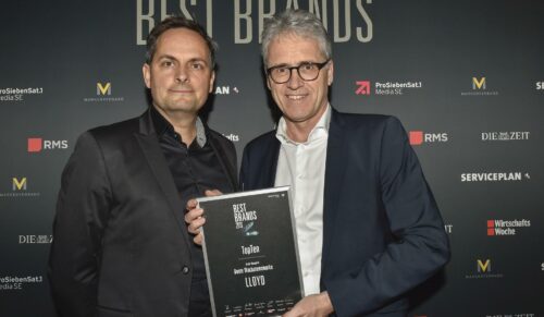Jörg Wetzel und Andreas Schaller (re.) von Lloyd Shoes auf der Verleihung der Best Brands 2019. (Foto: BrauerPhotos/ Best Brands)