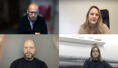 Von oben links im Uhrzeigersinn: Rudolf Berg, Schuhhaus Berg, Anna Blunck, Avocadostore, Daniela Perak, Roberta Organic Fashion im Händler-Talk bei schuhkurier-Redakteur Helge Neumann.