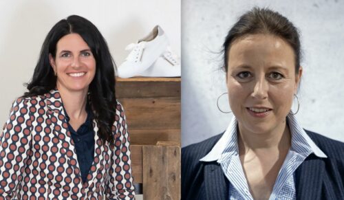 Yvonne Breinlinger-Scheuring, Solidus-Geschäftsführerin, und Sylvia Klemens, Vertriebsverantwortliche bei Waldläufer, tauschen sich im schuhkurier-Podcast über die Orderrunde aus. (Fotos: Solidus/Redaktion)
