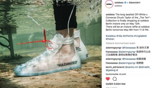 Sneaker-Marke Converse und Kultlabel Off White haben sich für eine Neuauflage des klassischen ’All Stars‘-Modells zusammen getan. (Foto: Instagram/solebox) 