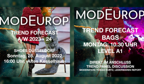 Zwei Termine von Modeurop: Die Trends für H/W 23/24 werden auf der Shoes in Düsseldorf und auf der ILM in Offenbach präsentiert. (Grafiken: Modeurop)