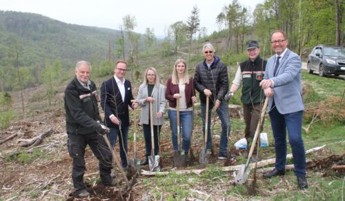 Wortmann hilft bei der Wiederaufforstung des Teutoburger Waldes. Von links nach rechts: Hans-Ulrich Braun, Leiter Forstabteilung, Jens Beining, CEO Wortmann, Olga Wedel, Sarah Schröder, Andreas Burmeister, Projektteam Wortmann, Stefan Schreiber, Revierförster Hiddesen, Jörg Dünning-Gast, Verbandsvorsteher Landesverband Lippe (Foto: Wortmann)