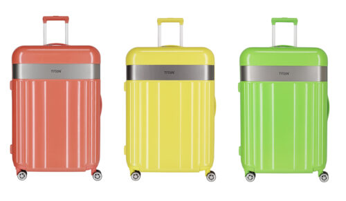 Titan Hartschalentrolleys in den Farben ’Flashy Kiwi‘, ’Cape Coral‘ und ’Lemon Crush‘. (Foto: Titan)