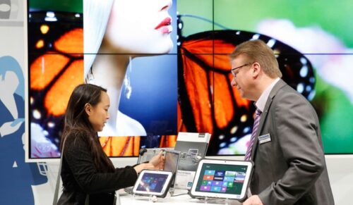 Duesseldorf, DEU. 17.02.2014. EuroShop 2014, The World´s Leading Retail Trade Fair, vom 16. bis 20. Februar Maerz 2014 in Duesseldorf. Mit 115.472 m² Netto-Ausstellungsflaeche und 2.226 Ausstellern aus 57 Laendern ist sie so gross wie nie zuvor. Hier: Der Bereich EuroCIS, der das gesamte Spektrum an Retail Technology abdeckt.EuroShop 2014, The World´s Leading Retail Trade Fair, 16 to 20 February 2014 in Duesseldorf. With 115.472 m² net exhibitions space and 2.226 exhibitors from 57 countries, EuroShop 2014 will be bigger than ever before. Here: The EuroCIS segment that showcases the entire spectrum of retail technology.Foto: Constanze Tillmann, Exploitation right Messe Duesseldorf, M e s s e p l a t z, D-40474 D u e s s e l d o r f, www.messe-duesseldorf.de; eine h o n o r a r f r e i e  Nutzung des Bildes ist nur fuer journalistische Berichterstattung, bei vollstaendiger Namensnennung des Urhebers gem. Par. 13 UrhG (Foto: Messe Duesseldorf / ctillmann) und Beleg moeglich; Verwendung ausserhalb journalistischer Zwecke nur nach schriftlicher Vereinbarung mit dem Urheber; soweit nicht ausdruecklich vermerkt werden keine Persoenlichkeits-, Eigentums-, Kunst- oder Markenrechte eingeraeumt. Die Einholung dieser Rechte obliegt dem Nutzer; Jede Weitergabe des Bildes an Dritte ohne  Genehmigung ist untersagt | Any usage and publication only for editorial use, commercial use and advertising only after agreement; unless otherwise stated: no Model release, property release or other third party rights available; royalty free only with mandatory credit: photo by Messe Duesseldorf]