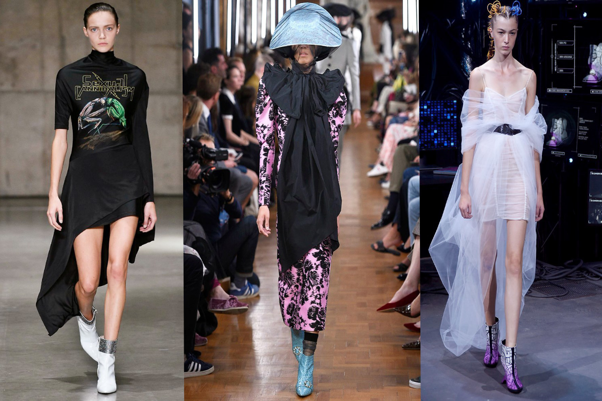 Ankle Boots, mal ganz schlicht, mal in bunten Farben, waren in vielen Kollektionen zu sehen (v.l.n.r.): Christopher Kane; Erdem; Nicholas Kirkwood (Fotos: © IMAXtree.com)