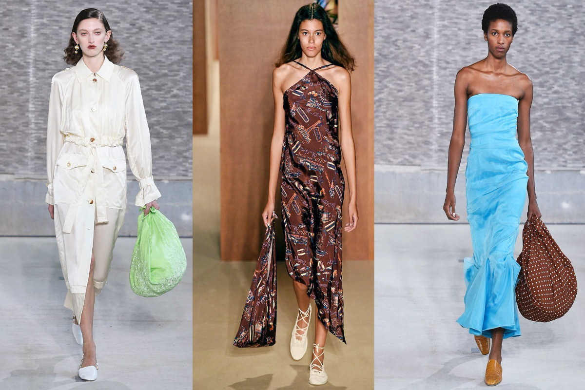 Unkompliziert und lässig – Beutel aus leichten Stoffen liegen nächsten Sommer im Trend (v.l.n.r.): Rejina Pyo; Alexa Chung; Rejina Pyo (Fotos: © IMAXtree.com). 