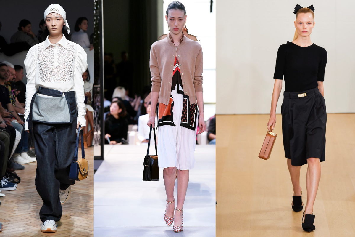 Henkeltaschen im Retro-Stil wurden lässig in der Hand getragen (v.l.n.r.): JW Anderson, Burberry, Emilia Wickstead (Fotos: IMAXtree.com) 