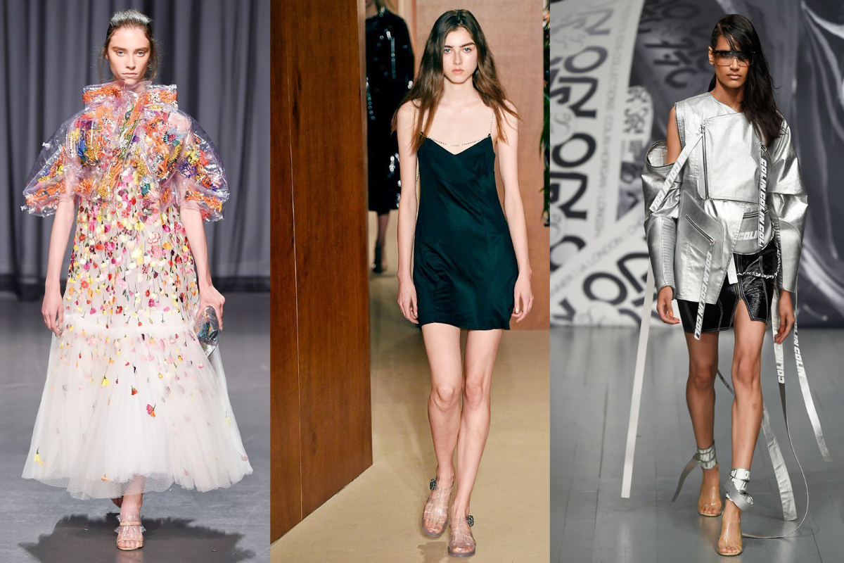Plastiksandalen, die an Wasserschuhe aus der Kinderzeit erinnern, geben im F/S den Ton an (v.l.n.r.): Mary Katrantzou, Alexa Chung, On I Off (Fotos: IMAXtree.com) 