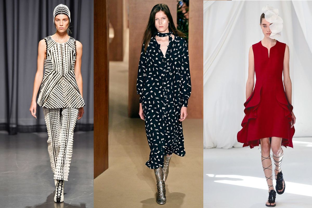 Auffällige Schnürungen im Ballett- oder im Römer-Stil waren ein Highlight der Kollektionen auf der London Fashion Week (v.l.n.r.): Mary Katrantzou, Alexa Chung, Delpozo (Fotos: IMAXtree.com) 