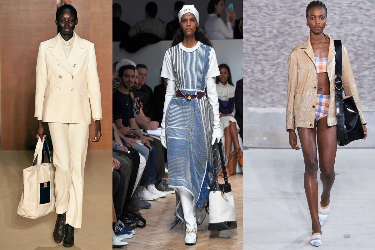 Shopper liegen nächsten Sommer voll im Trend, gerne auch im XXL-Format und in neutralen Farben (v.l.n.r.): Alexa Chung, JW Anderson, Rejina Pyo (Fotos: IMAXtree.com)