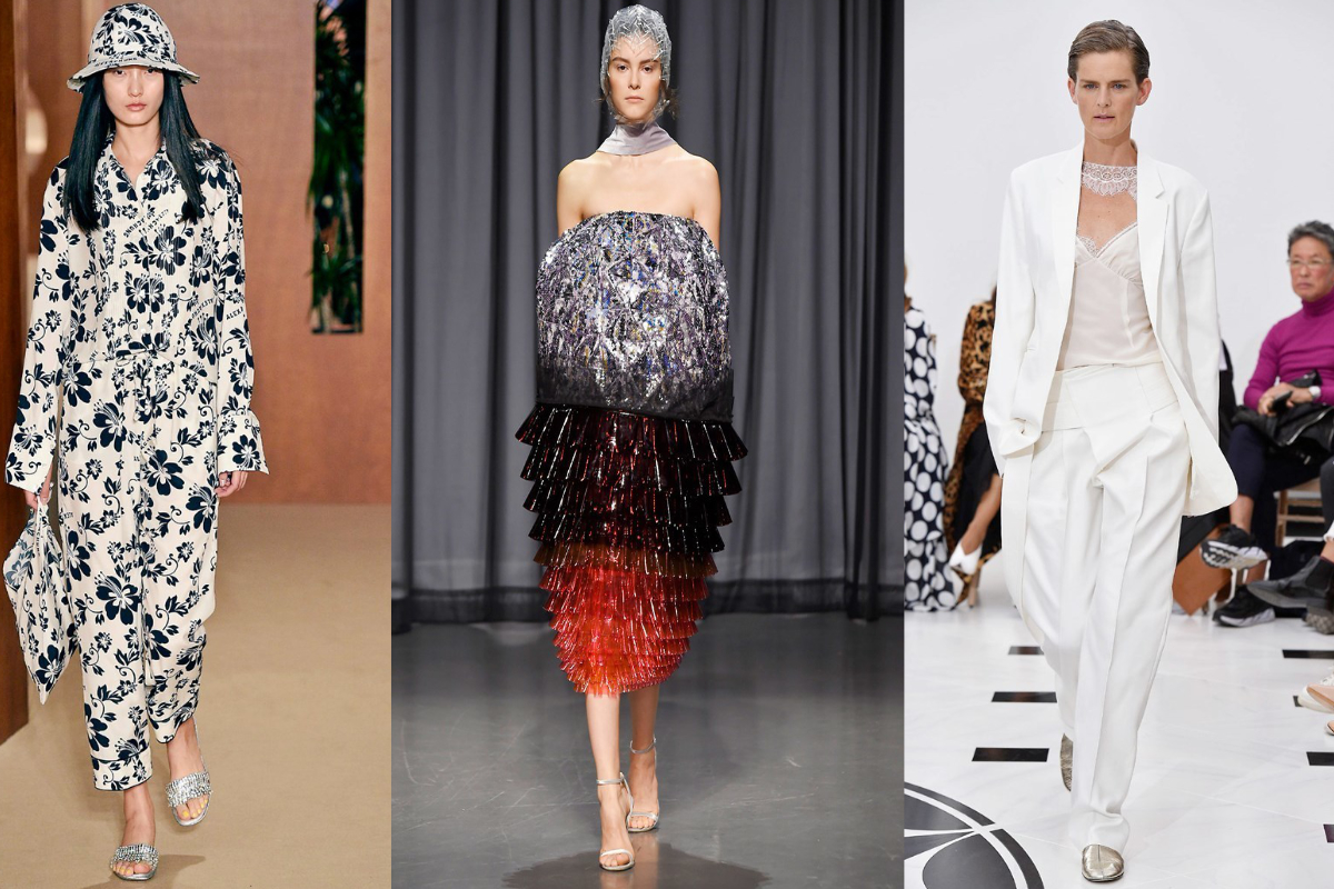Bei den Metallics dominierte Silber auf dem Laufsteg, besonders bei High-Heels (v.l.n.r.): Alexa Chung, Mary Katrantzou, Victoria Beckham (Fotos: IMAXtree.com)