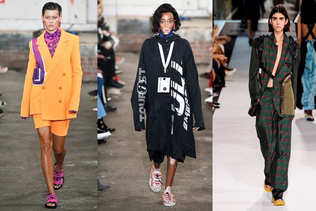 Neonfarben, Nylon, raffinierte Schnürungen und voluminöse Sohlen – sportive Sandalen auf der London Fashion Week (v.l.n.r.): House Of Holand, House Of Holland, Toga (Fotos: IMAXtree.com)