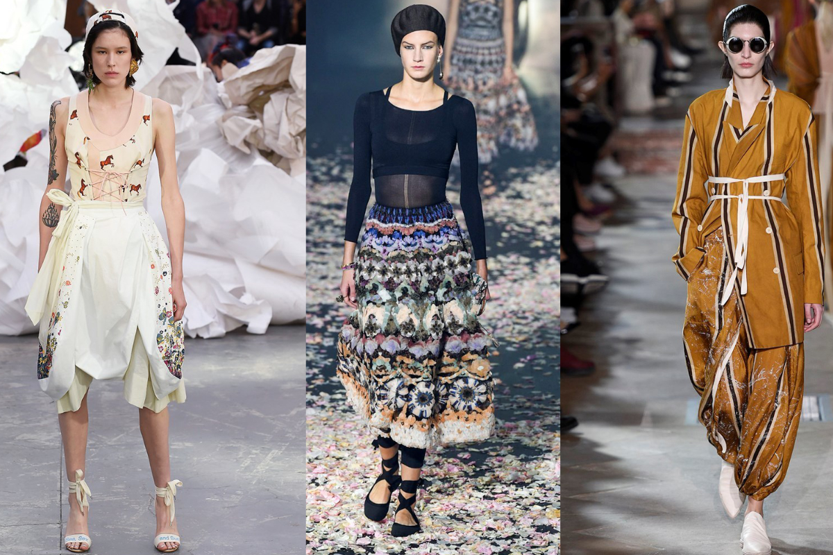 Samt- und Stoffbänder zieren im Sommer nicht nur Sandalen und Ballerinas, sondern auch die Taille (v.l.n.r.): Vivienne Westwood, Christian Dior, Uma Wang (Fotos: © IMAXtree.com)