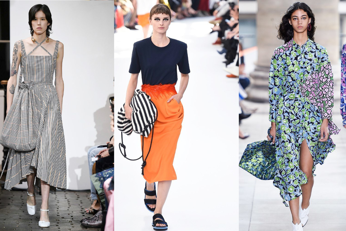Großformatige Beutel aus leichten Materialien wie Fliegerseide oder Baumwolle werden lässig in der Hand getragen (v.l.n.r.): A.W.A.K.E., Dries van Noten, Christian Wijnants (Fotos: © IMAXtree.com)