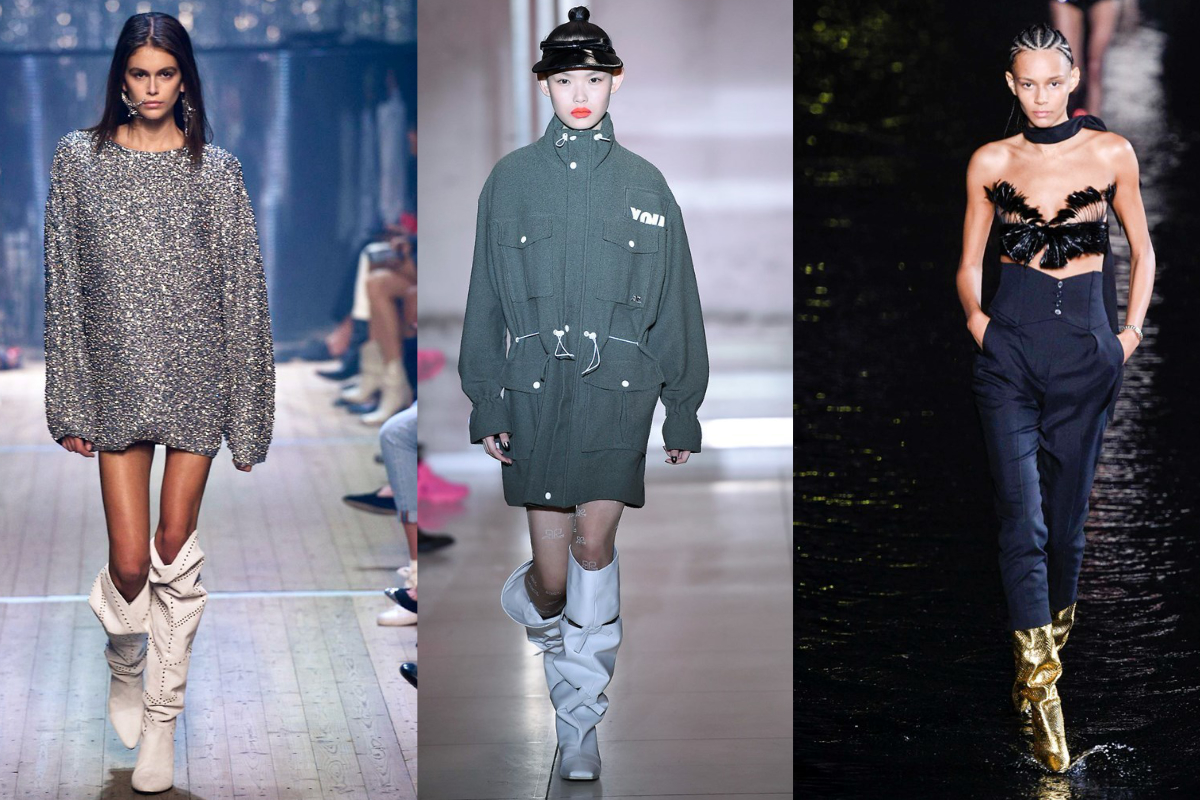 Die 80er sind zurück – und zwar in Form von weiten Krempelboots, die gerne auch bis zum Knie gehen dürfen (v.l.n.r.): Isabel Marant, Courreges, Saint Laurent (Fotos: © IMAXtree.com).