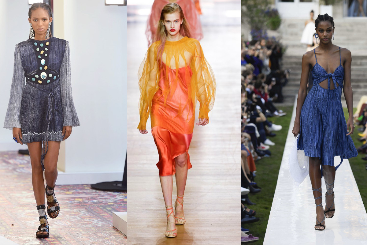 Ein Mega-Trend in Paris: Gladiatoren-Sandalen mit derben Schnallen oder über Kreuz geführten Riemen (v.l.n.r.): Chloé, Poiret, Jacquemus  (Fotos: © IMAXtree.com).