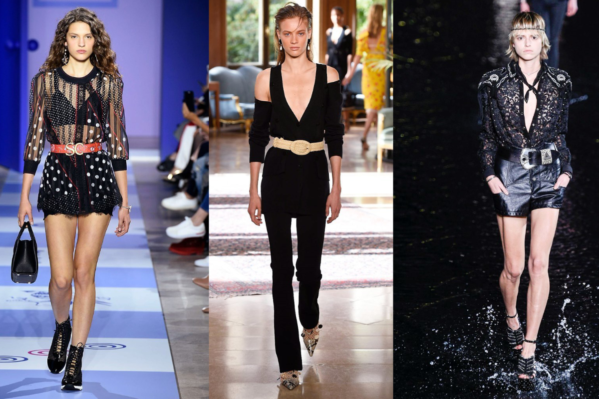 Die Taille wird im Sommer stark betont, dabei helfen die vielen neuen Gürtel in auffälligen Designs (v.l.n.r.): Shiatzy Chen, Altazarra, Saint Laurent (Fotos: © IMAXtree.com). 