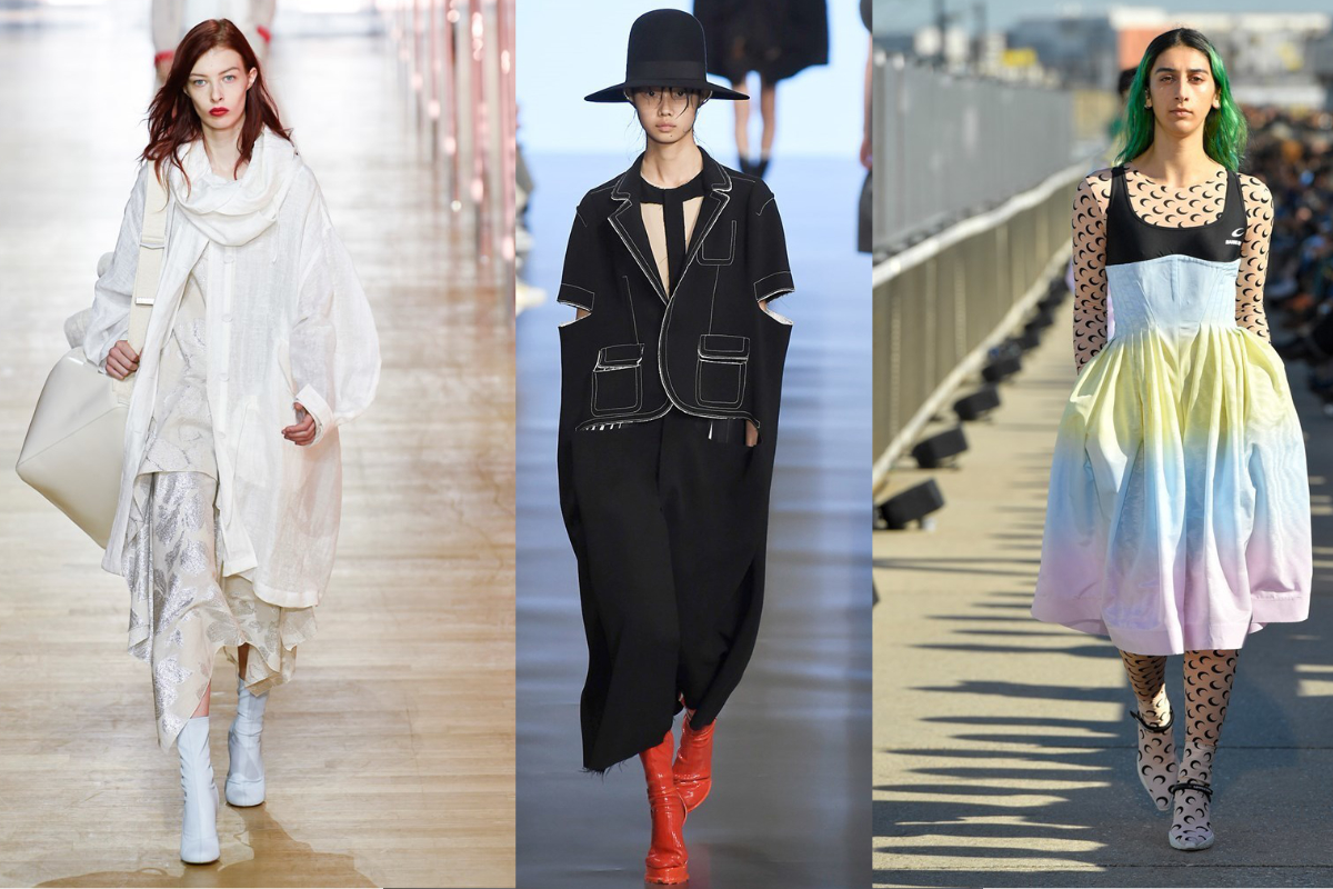 Sock-Boots aus dünnen, eng anliegenden Materialien (v.l.n.r.): Poiret, Maison Margiela, Marine Serre (Fotos: © IMAXtree.com). 