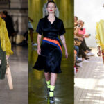 Bunte (Knie-)Strümpfe werden zu Sandalen und Sneakern kombiniert (v.l.n.r.): Mashama, Koché, Manish Arora (Fotos: © IMAXtree.com).