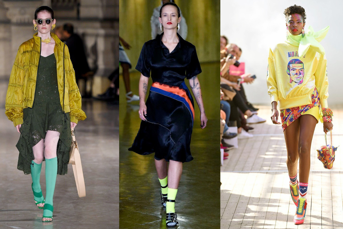 Bunte (Knie-)Strümpfe werden zu Sandalen und Sneakern kombiniert (v.l.n.r.): Mashama, Koché, Manish Arora (Fotos: © IMAXtree.com).