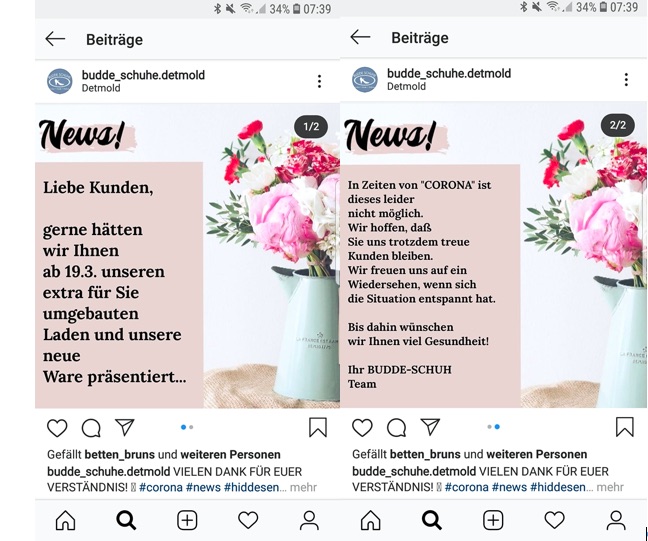 Budde Schuhe aus Detmold informiert über seinen geplanten Ladenumbau. (Screenshot: Instagram)
