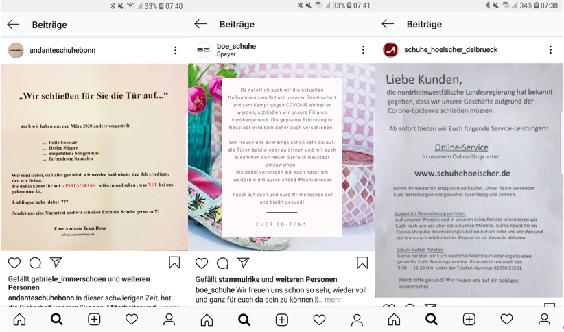 Viele Händler informieren ihre Kunden per Instagram über die aktuelle Situation. (Screenshot: Instagram)