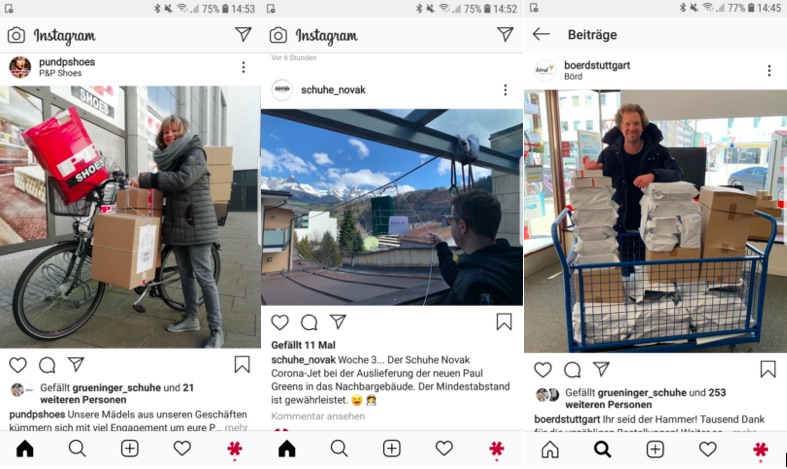 Bei zahlreichen Händlern nehmen die Bestellungen Fahrt auf. (Screenshot: P&P-Shoes, Schuhe Novak, Börd / Instagram)