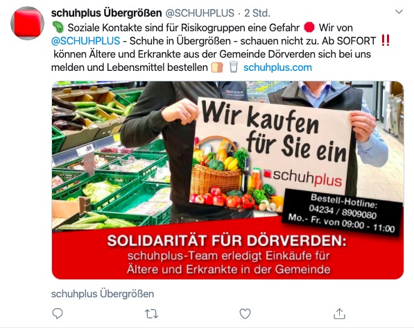 Schuhplus bietet einen Lieferservice für Lebensmittel in Dörverden an. (Screenshot: Twitter)