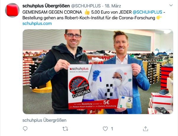 Für jeden Onlineeinkauf spendet Schuhplus für dei Corona-Forschung. (Screenshot: Twitter)