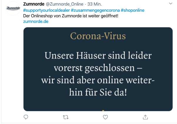 Das Schuhhaus Zumnorde informiert zu seinem Onlineshop. (Screenshot: Twitter)