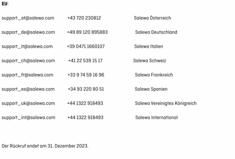 Die Adressen der Salewa-Rückrufaktion. (Salewa)