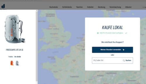 Über die Plattform Outtra können Besucher auf der Webseite von Deuter erfahren, wo sie die gesuchten Produkte vor Ort kaufen können. (Foto: Screenshot: Deuter/Outtra)