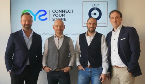 Die Führungs-Teams von Connect Your Store (CYS) und dem European Clearing Center (ECC), von links: Stefan Floetner-Head of Business Development CYS, Stefan Nicolai-Geschäftsführer ECC, Thorsten Keller-Manager Digital Transformation, Florian Wagner-Geschäftsführer CYS (Foto: Connect Your Store)