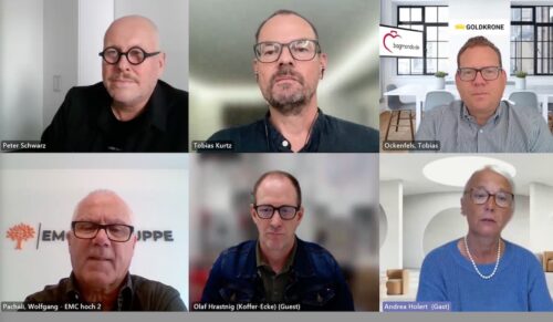 Diskutierten über die aktuelle Situation in der Lederwarenbranche (im Uhrzeigersinn): Peter Schwarz, Moderator Tobias Kurtz, Tobias Ockenfels, Andrea Holert, Olaf Hrastnig und Wolfgang Pachali. (Foto: Screenshot)