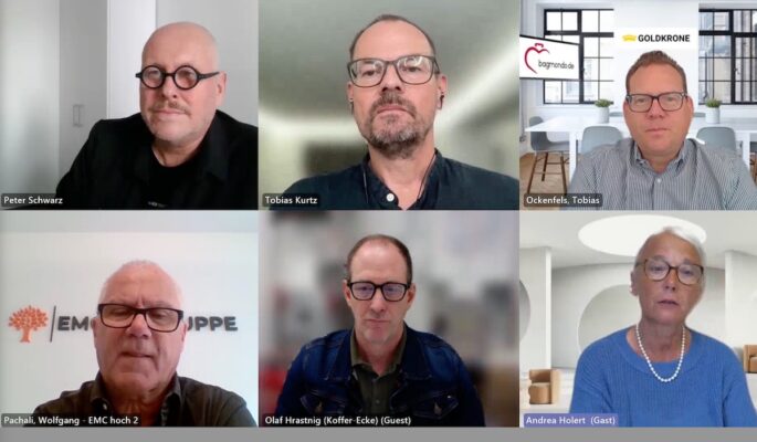 Diskutierten über die aktuelle Situation in der Lederwarenbranche (im Uhrzeigersinn): Peter Schwarz, Moderator Tobias Kurtz, Tobias Ockenfels, Andrea Holert, Olaf Hrastnig und Wolfgang Pachali. (Foto: Screenshot)