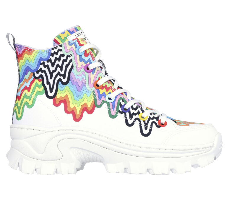 Regenbogenfarben, Schwarz und Weiß: von Jen Stark gestalteter Skechers-Sneaker (Foto: Skechers)