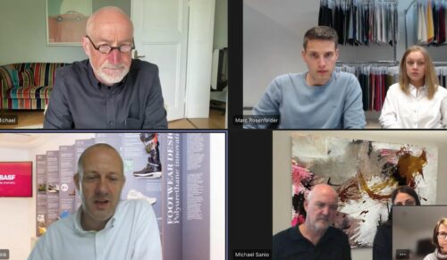 Roundtable zum Thema Nachhaltigkeit in der Schuhbranche (v.o.l.n.u.r.): Michael Tackenberg (PFI), Marc Rosenfelder und Michelle Schwartz (Stockmayer), Felix Willenbrink (BASF), Michael Sanio und Deniz Kolb (Colortex)