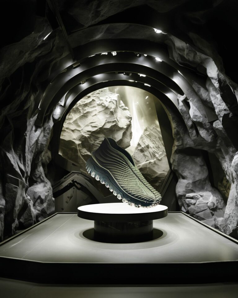 Digitalisiert vom ersten bis zum letzten Schritt: In einer KI-generierten Abbildung wird dargestellt, wie ein Moncler-Schuh aus dem 3D-Drucker aussehen kann. (Foto: Zellerfeld)