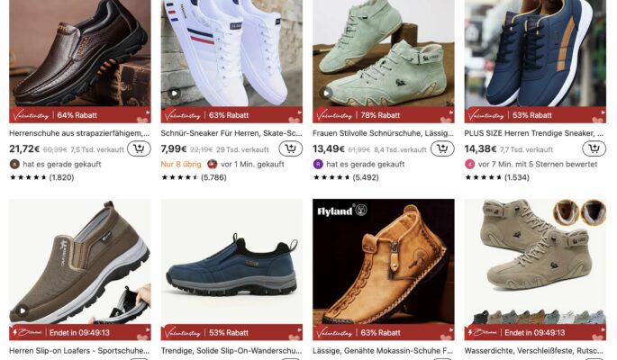 Preiswerter geht es kaum: Schuhe im Angebot von Temu (Screenshot: Temu)