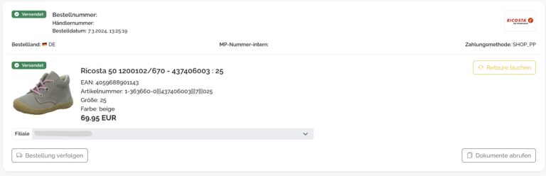 Screenshot einer Bestellung im Ricosta-Onlineshop