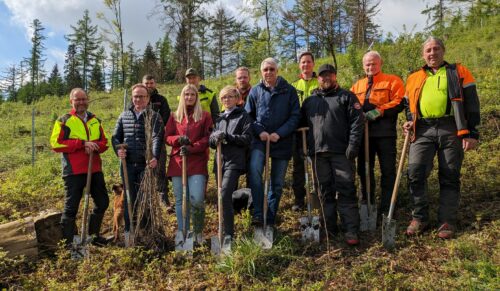 Vorne v.l.n.r.: Jörg Dünning-Gast (Verbandsvorsteher Landesverband Lippe), Jens Beining (CEO Wortmann Gruppe), Sarah Schröder, Olga Wedel und Andreas Burmeister (Projektteam Wortmann). Hinten: Mitarbeiter des Landesverbands Lippe und Forstwirte, die bei dem Pflanzen der Setzlinge unterstützt haben. (Foto: Wortmann)