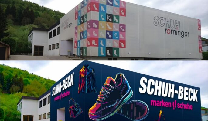 Vorher – nachher: Schuh Rominger wird zu Schuh-Beck (Fotos: Schuh-Beck, Montage: schuhkurier)
