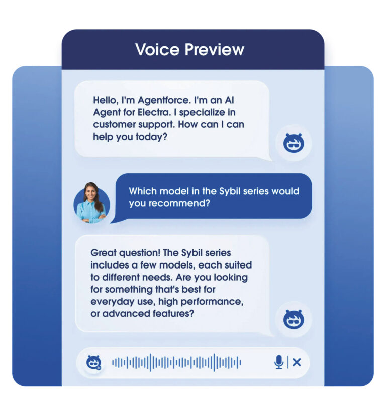 Der Chatbot kann Fragen der Endkunden aufgreifen, die nötigen
Rückfragen stellen und hat eine anpassbare Sprachausgabe. (Foto: Salesforce)