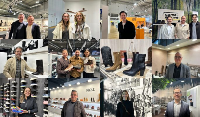 schuhkurier-Gesprächspartner auf der Micam: (obere Reihe von links) Walter Breuer, Dr. Gerhard Bachmaier, Katherine Ferretti-Luzi, Salina Ferretti, Bruno Zumnorde, Marc, Ralf und Nick Grossmann, (mittlere Reihe von links) Fritz Kürmayr, Sylvia Klemens, Alexander Laubersheimer, Franziska Seibel, Carsten Obermeier, (untere Reihe): Tatiana Santarelli, Salvatore Gagliardi, Stefanie Mäder, Eckhard Muck, Schuhe von Alma en Pena. (Alle Fotos: Redaktion)