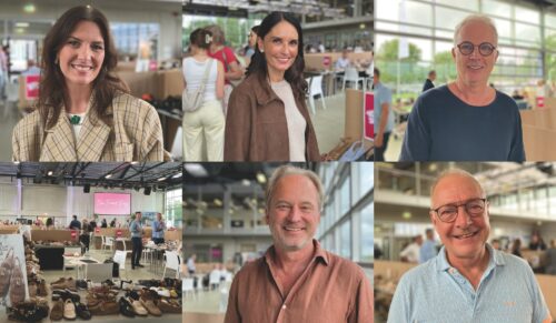 obere Reihe von links: Meritxell Guasch (MG Showroom), Natalie Levy (Marian/Pedro Anton), Raimund Cordes (Cordes Schuhe); untere Reihe von links: Stand von Truman’s, Patrick Vanneste (Cycleur de Luxe), Rüdiger Schäfer (Schuhhaus Stephan) (Fotos: Redaktion)