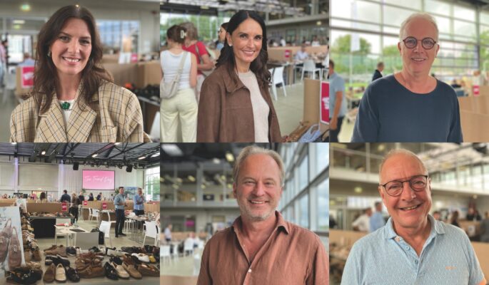 obere Reihe von links: Meritxell Guasch (MG Showroom), Natalie Levy (Marian/Pedro Anton), Raimund Cordes (Cordes Schuhe); untere Reihe von links: Stand von Truman’s, Patrick Vanneste (Cycleur de Luxe), Rüdiger Schäfer (Schuhhaus Stephan) (Fotos: Redaktion)